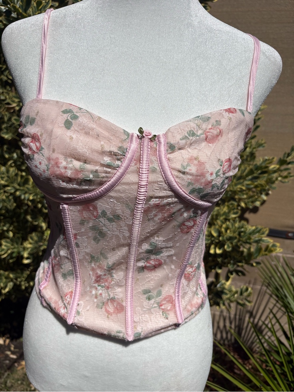 Pretty Garbage Pink Floral Mesh Corset Bustier Top Small